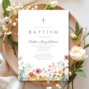 Elegant Wildflower Wreath Cross Girl Baptism Invitation