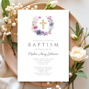 Elegant Wildflower Wreath Girl Baptism Invitation