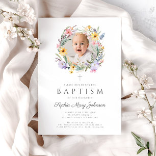 Elegant Wildflower Wreath Photo Baptism Invitation