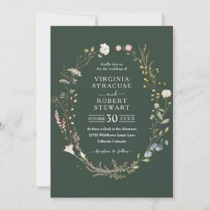 Elegant Wildflower Wreath Royal Green Wedding Invitation