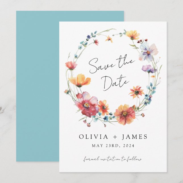 Elegant Wildflower Wreath Summer Wedding Save The Date (Front/Back)