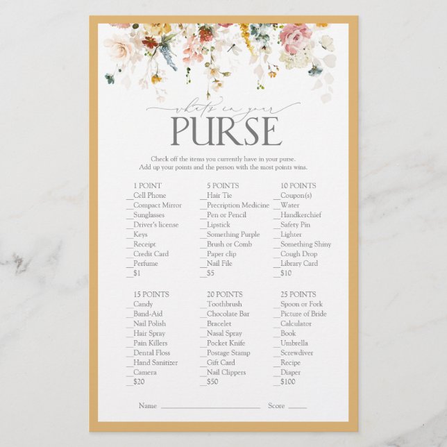 Elegant Wildflower Yellow Bridal Shower Game (Front)