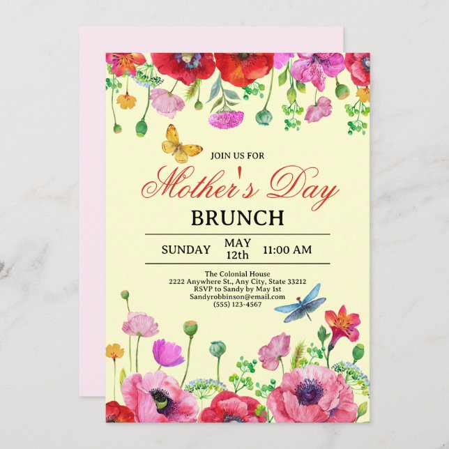 Elegant Wildflower Yellow Chic Mother's Day Brunch Invitation (Front/Back)