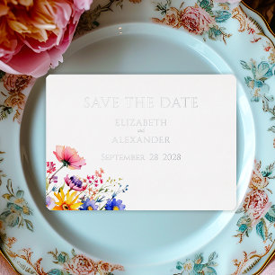 Elegant Wildflowers and Silver Lettering Save Date