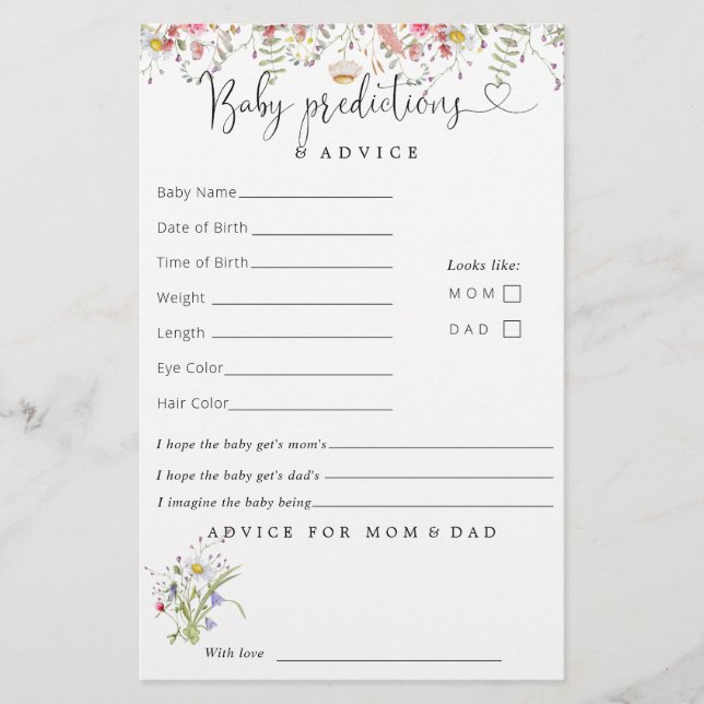 Elegant Wildflowers Baby Shower Predictions Advice (Front)