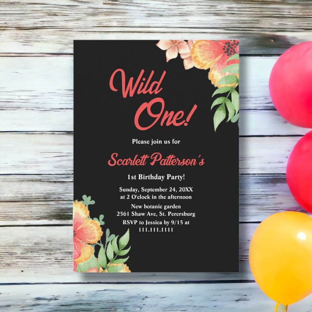 Elegant Wildflowers Black Floral 1st Birthday Invitation (Creator Uploaded)