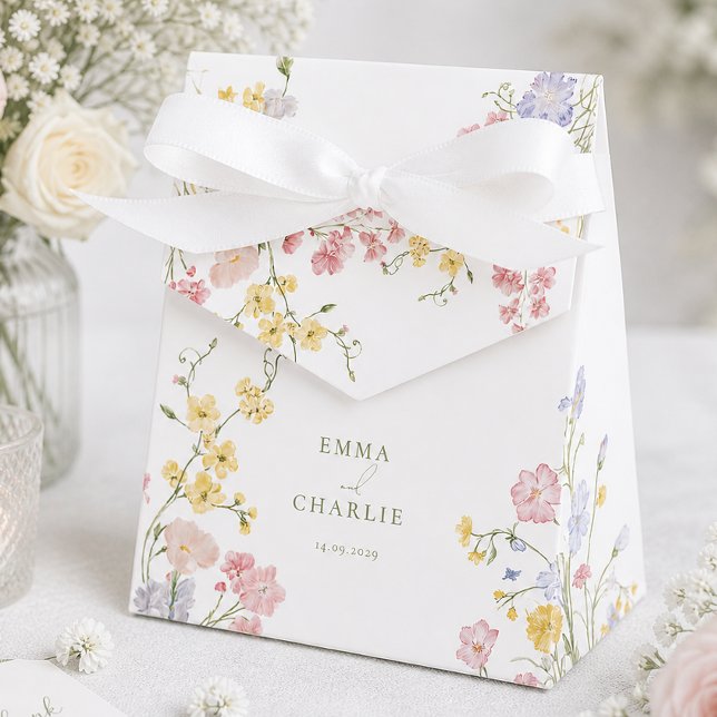 Elegant  Wildflowers Green Script Wedding Favor Box (Elegant Wildflowers Green Script Wedding Favor Boxes)