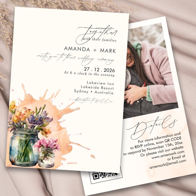 Elegant Wildflowers Mason Jar Qr code Wedding Invitation (Creator Uploaded)