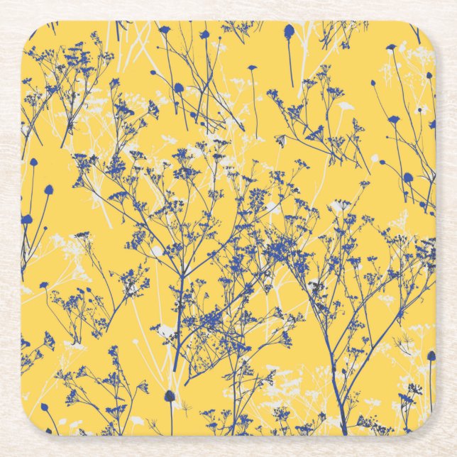 Elegant Wildflowers on Mustard Yellow Square Paper Coaster (Front)