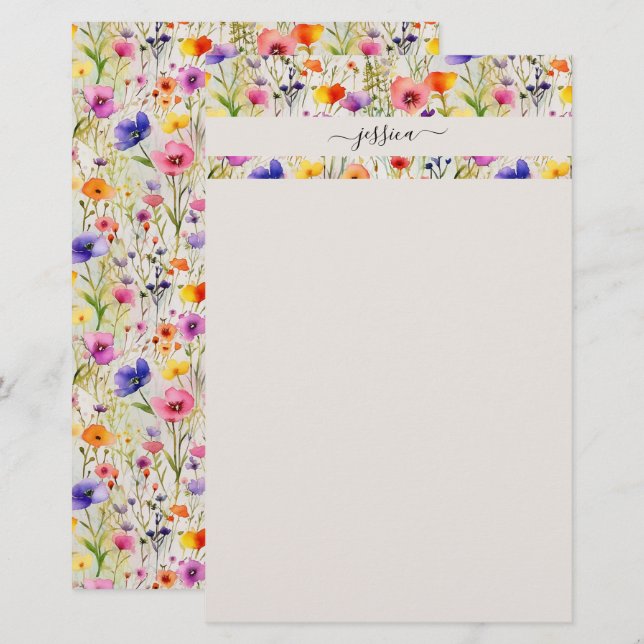 Elegant wildflowers script name stationery (Front/Back)