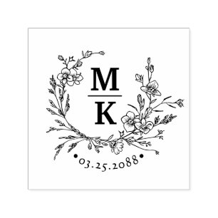 Elegant Wildflowers Wreath Wedding Couple Monogram Self-inking Stamp