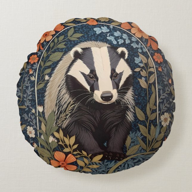 Elegant William Morris Inspired Badger Round Pillow (Front)