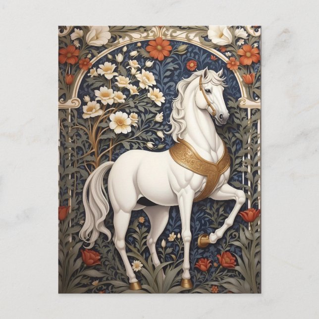 Elegant William Morris Inspired White Horse Postcard (Front)