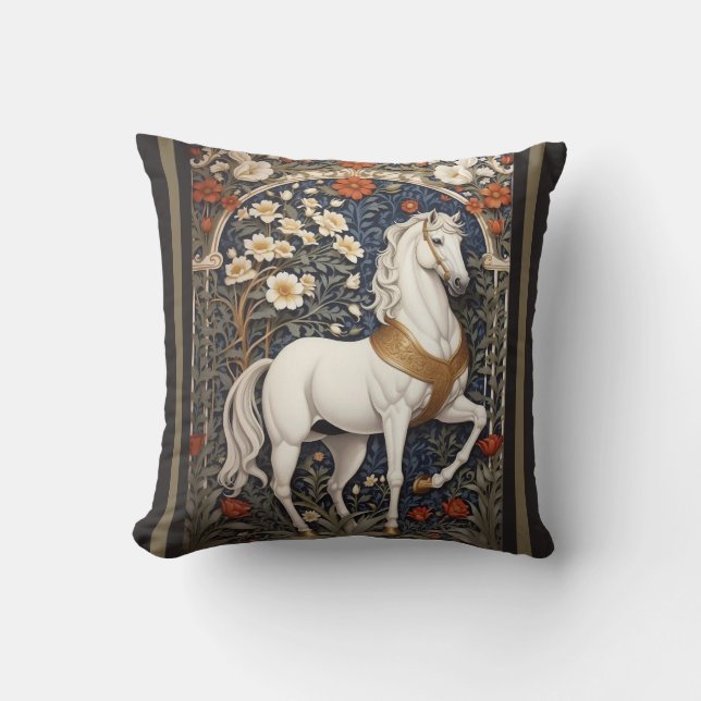 Elegant William Morris Inspired White Horse Throw Pillow (Front)