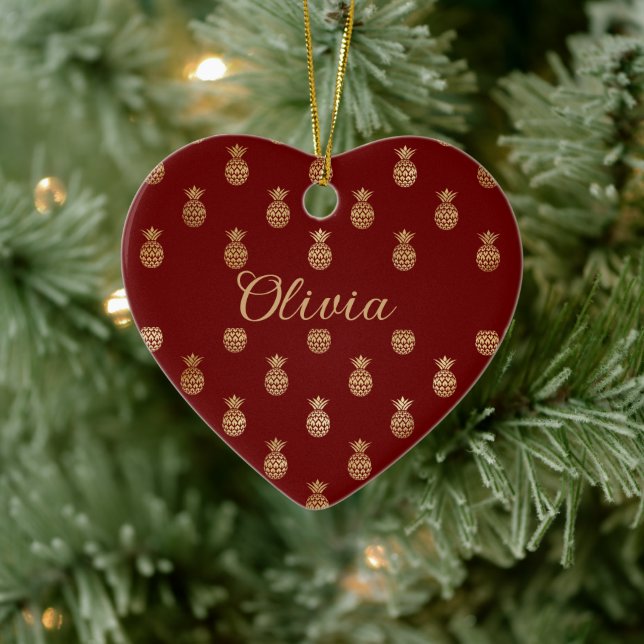 Elegant Wine and Gold Pineapples Personalized  Ceramic Ornament (Tree)