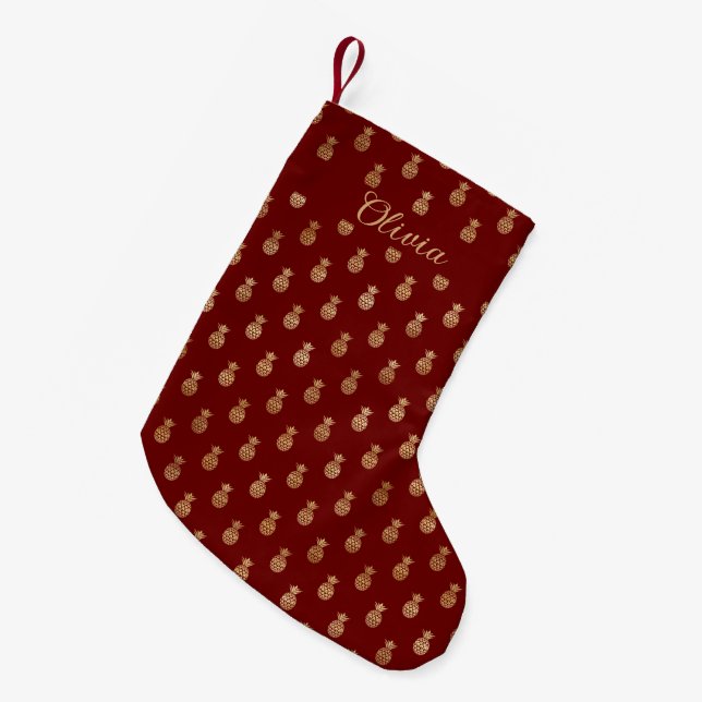 Elegant Wine and Gold Pineapples Personalized Small Christmas Stocking (Front (Hanging))