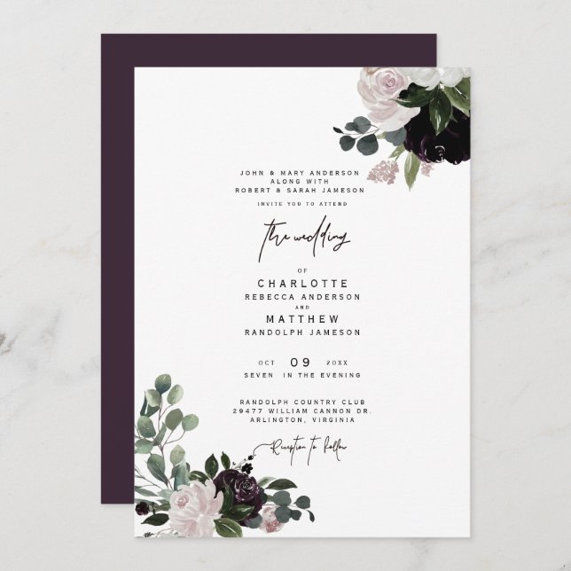 Elegant Wine Floral Both Parents Wedding Invitation (Front/Back)