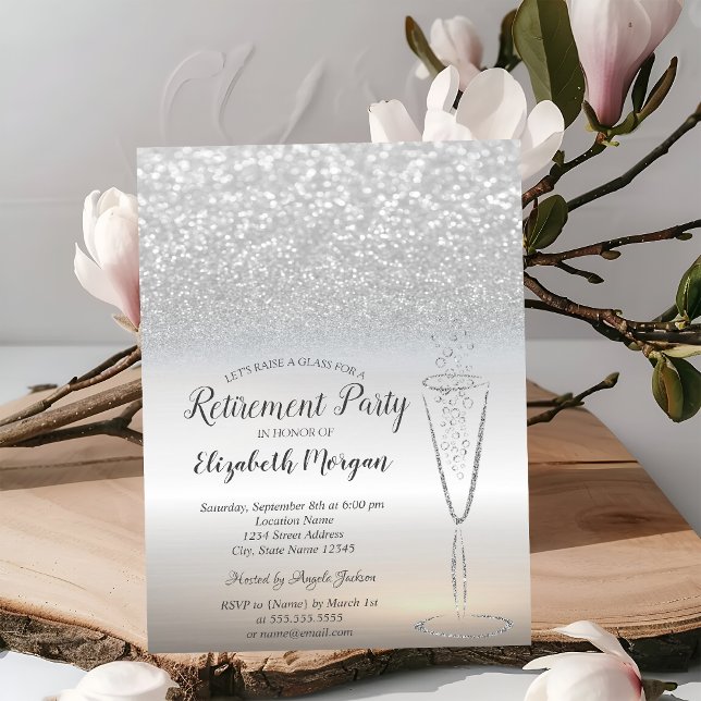 Elegant Wine Glass Silver Glitter Bokeh Retirement Invitation (Creator Uploaded)