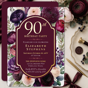 Elegant Wine Ranunculus 90th Birthday Gold