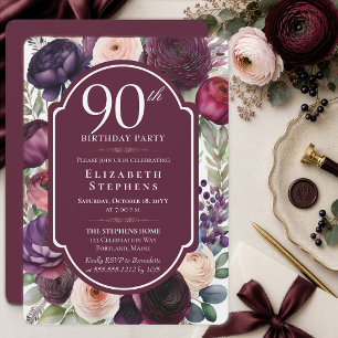 Elegant Wine Ranunculus Floral 90th Birthday Party Invitation