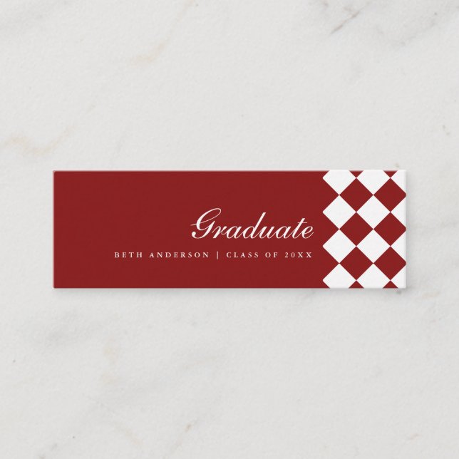 Elegant Wine Red Checkered Graduation Name Card (Front)