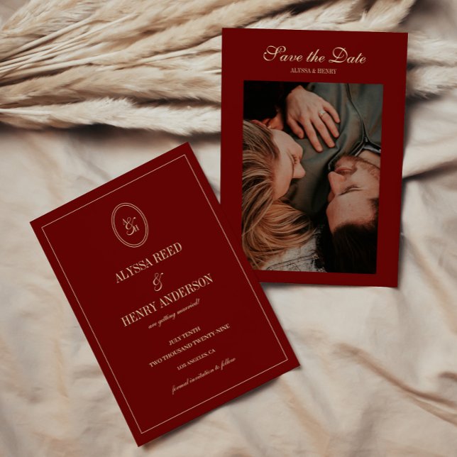 Elegant Wine Red Monogram Script Wedding Photo Save The Date (Creator Uploaded)
