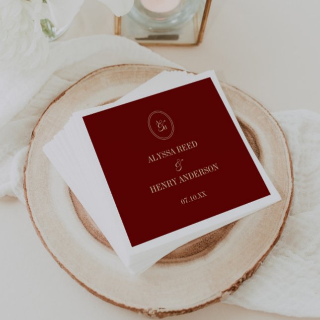 Elegant Wine Red Monogram Wedding Names Napkin (Creator Uploaded)