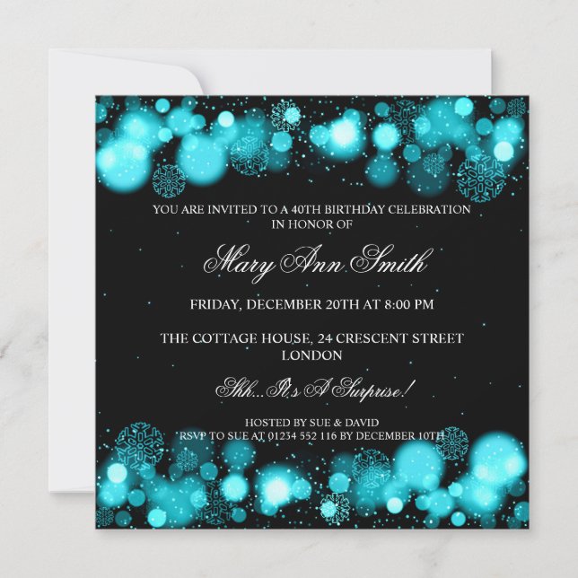 Elegant Winter 40th Birthday Party Turquoise Invitation (Front)