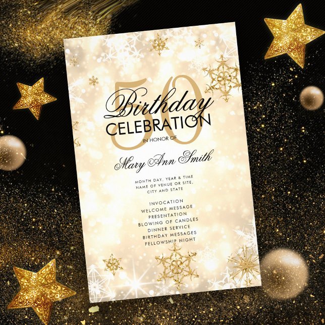 Elegant Winter 50th Birthday Program Gold w/ Menu (Creator Uploaded)