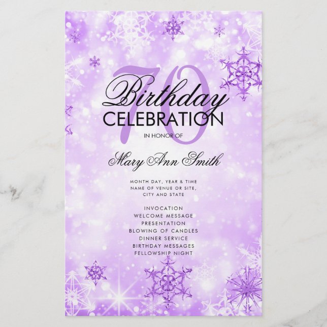 Elegant Winter 70th Birthday Program Purple Menu (Front)