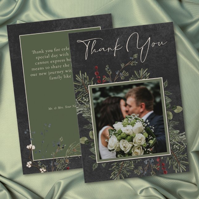 Elegant Winter Berries & Pine Black Wedding Thank You Card (Elegant Winter Berries & Pine Black Wedding Thank You Card)