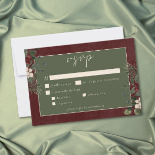 Elegant Winter Berries & Pine Burgundy Wedding RSVP Card