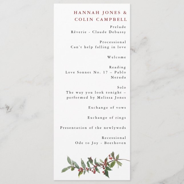 Elegant Winter Berries Red Green Watercolor Program (Front)