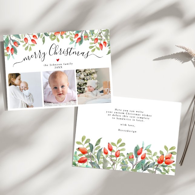 Elegant Winter Berries Three Photo Christmas Holiday Card (Creator Uploaded)