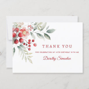 Elegant Winter Berry Botanical 40th Birthday Flat Thank You Card