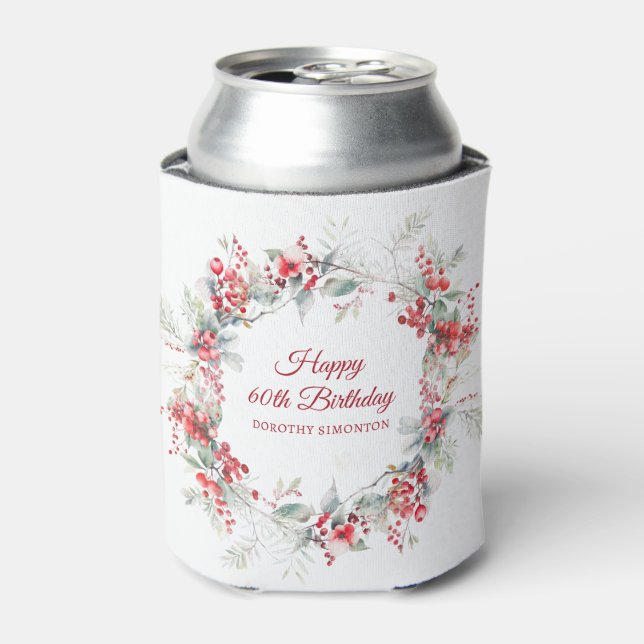Elegant Winter Berry Botanical 60th Birthday Can Cooler (Can Front)