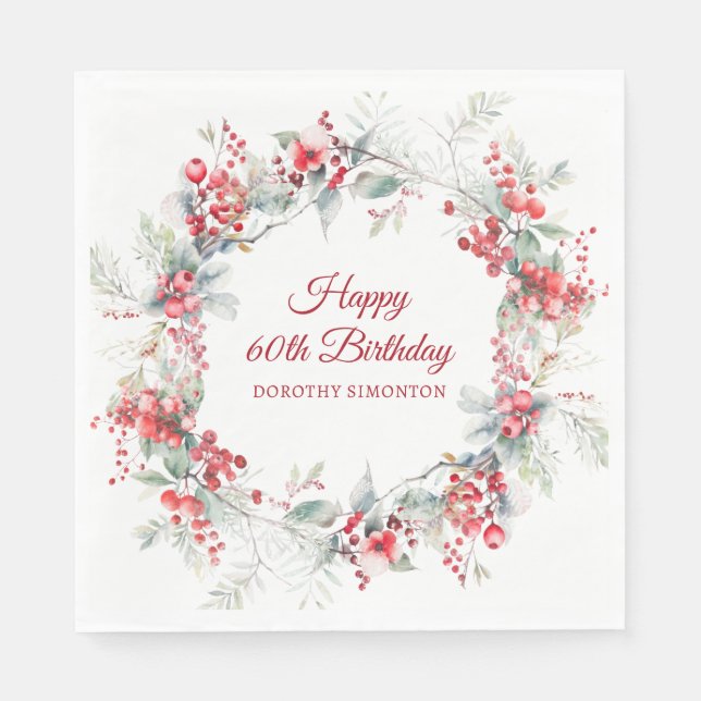 Elegant Winter Berry Botanical 60th Birthday Napkin (Front)