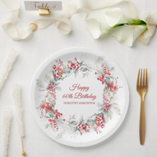 Elegant Winter Berry Botanical 60th Birthday Paper Plate