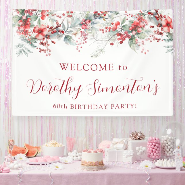 Elegant Winter Berry Botanical 60th Birthday Party Banner (Party)