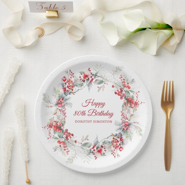 Elegant Winter Berry Botanical 80th Birthday Paper Plate (Wedding)