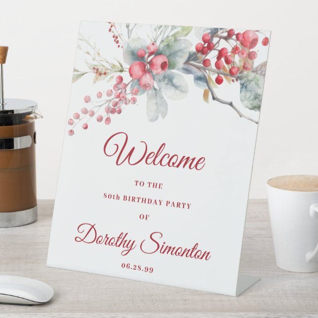 Elegant Winter Berry Botanical 80th Birthday Pedestal Sign (In SItu)