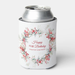 Elegant Winter Berry Botanical 90th Birthday Can Cooler