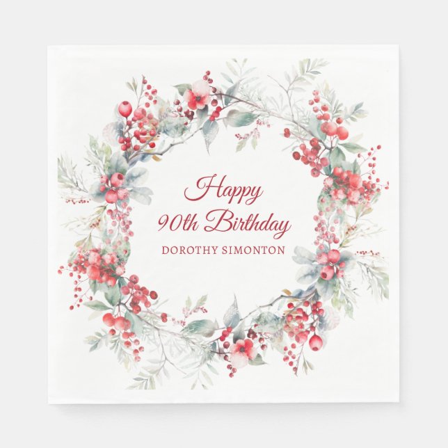 Elegant Winter Berry Botanical 90th Birthday Napkin (Front)