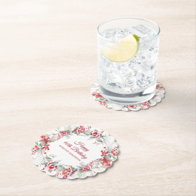 Elegant Winter Berry Botanical 90th Birthday Paper Coaster (Insitu)