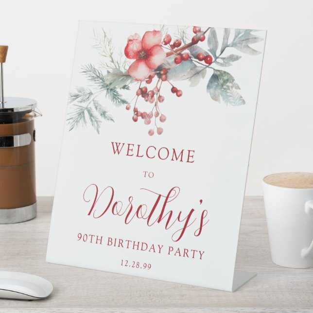Elegant Winter Berry Botanical 90th Birthday Pedestal Sign (In SItu)
