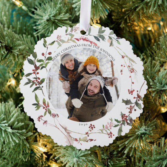 Elegant Winter Berry Merry Christmas Photo Wreath Ornament Card (Insitu (Tree))