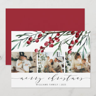 Elegant Winter Berry Script Christmas Three Photo Holiday Card