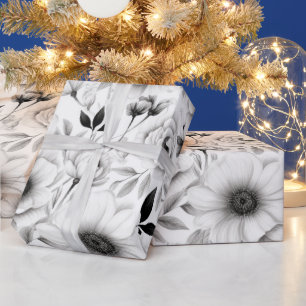 Elegant winter black and white floral Christmas Wrapping Paper