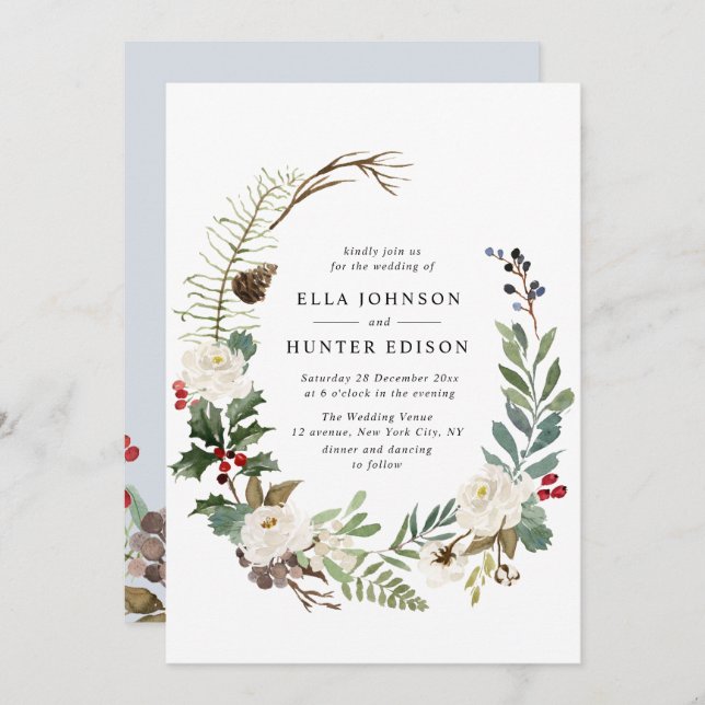 elegant winter blooms wedding invitation (Front/Back)