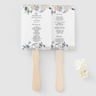 Elegant Winter Blue And White Flowers Hand Fan